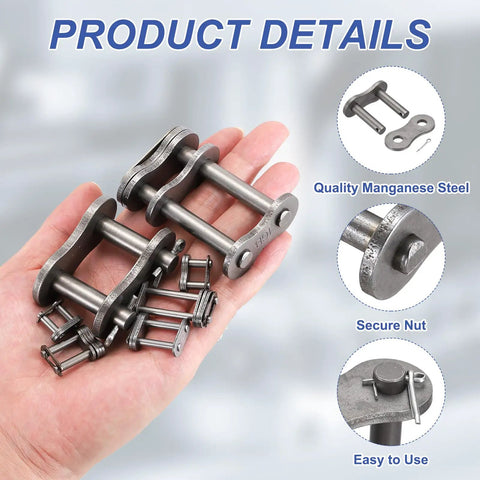 Durable ANSI #120 Roller Chain Connecting Links With 38.1mm Pitch Featuring Solid Manganese Steel Build for heavy duty applications in hand.
