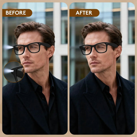 Before and after using Restickable Blackout Light Blocking Stickers for Meta Smart Glasses on a man wearing Wayfarer model.