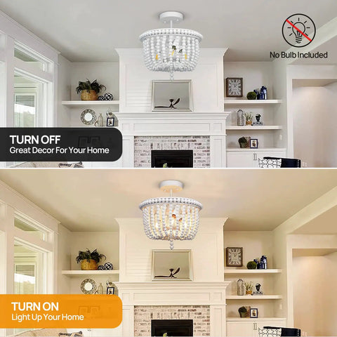 White Wood Bead Boho Chandelier Three Light Semi Flush Mount Ceiling Light for nursery and kids rooms in living room setting