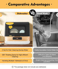 Comparative image showing Heavy Duty Compact Countertop Dishwasher Boasting 3 In 1 Wash Cycles Plus 24 Hour Digital Timer Capability.