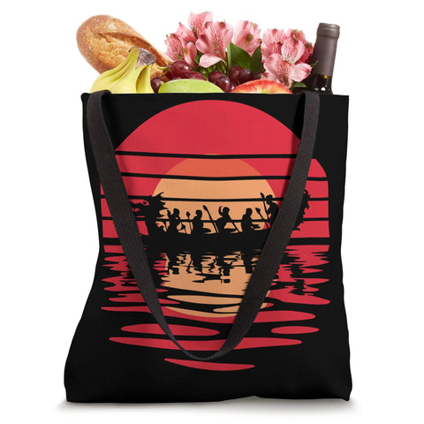 Paddler Tote Bag For Dragonboating Gear And Race Day, black tote with dragon boat silhouette against sunset, groceries inside
