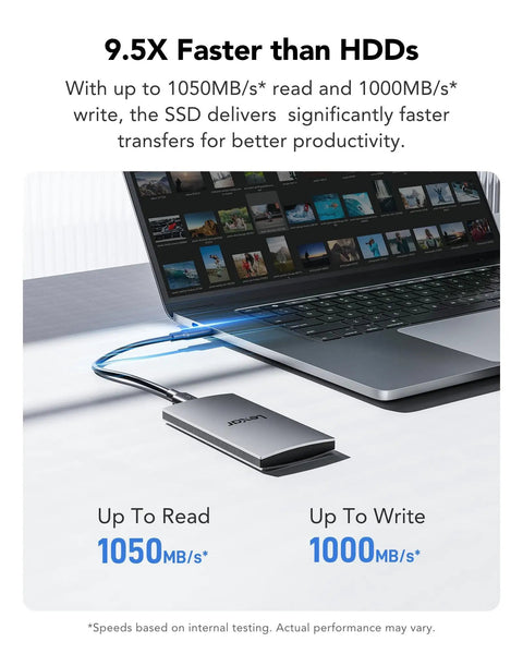 ES3 1TB External SSD Portable USB 3.2 Gen 2 Drive With Read Up To 1050 MB Per Second And Write Up To 1000 MB Per Second connected to a laptop