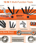 On The Go Bike Repair Kit With Mini Pump And Glueless Patches: 16 in 1 multitool with screwdrivers, wrenches, and sockets