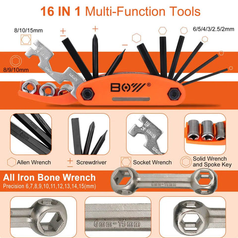 On The Go Bike Repair Kit With Mini Pump And Glueless Patches: 16 in 1 multitool with screwdrivers, wrenches, and sockets