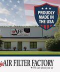 Air Filter Factory building with 'Proudly Made in the USA' badge, showcasing commitment to quality manufacturing.
