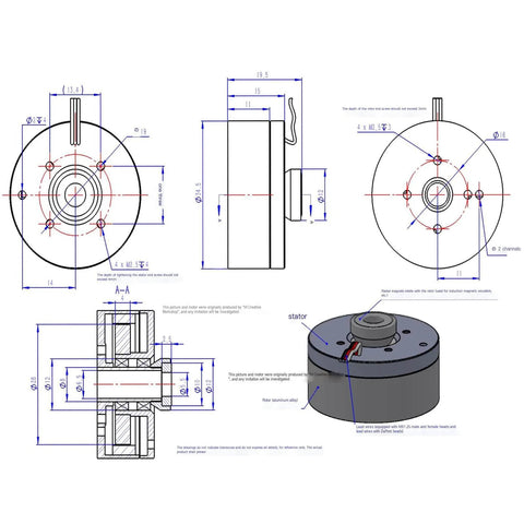 Technical drawings of the Pro Grade Flight Ready High Torque Brushless Outrunner Hollow Shaft Motor Kit With AS5600 Magnetic Encoder And SimpleFOCmini Driver Board For Gimbals And Drones Ultra Silent Preinstalled Magnet Ring For Smooth Precision Motion And Easy Integration showing dimensions and components.
