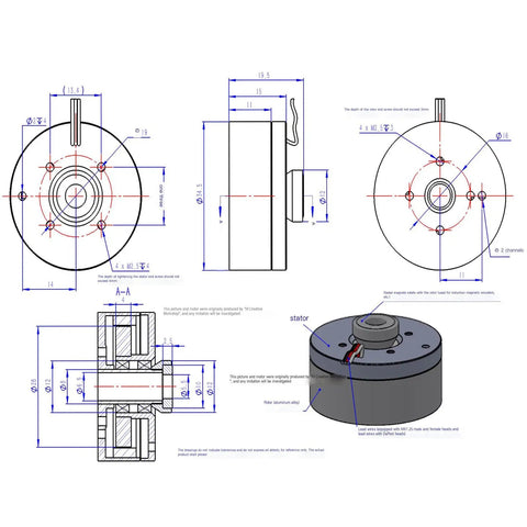 Technical diagram of 2804 Hollow Shaft Outrunner Dope Brushless DC Motor With AS5600 Encoder Kit, side and top views with measurements.