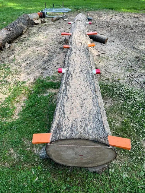 Log with Rail Mill Guide System 9 Ft With 3 Crossbar Kits For Chainsaw Mill, set for straight, level first cuts on grass.