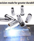 20 Pack Brass Welding Contact Tips For Mig Guns 15AK 24KD 36KD Euro Style Nozzles Fit 2.0mm Wire shown with welding arc in action.
