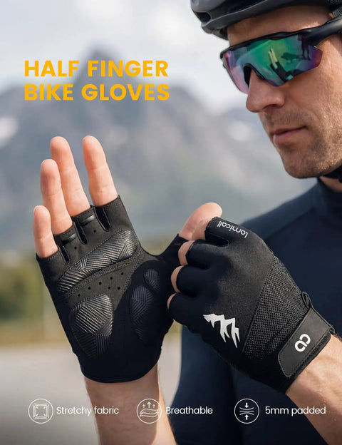 Cyclist wearing Dope Bike Gloves For Men And Women With Anti Slip Shock Absorbing Pad Breathable Lycra Mesh Back