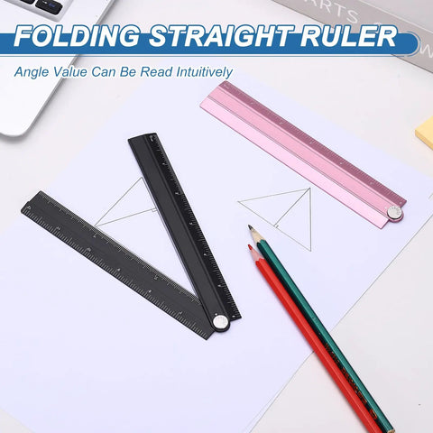 Folding Straight Ruler 12 Inch Aluminum Alloy Handy Protractor And Angle Ruler Geometric Measuring Tool For Architects Artists Designers Classroom And Office Use Black, folded on drawing paper