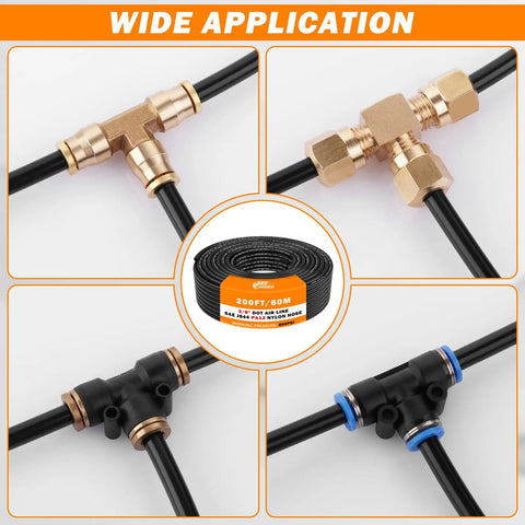 Collage of Three Eighths Inch PA12 Nylon DOT Air Line Pneumatic Tubing Two Hundred Feet SAE J844 High Pressure Air Hose fittings