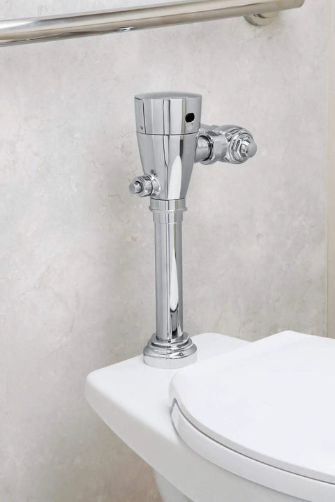 M-Power Sensor Flush Valve For Commercial Restrooms One And A Half Inch Water Closet Retrofit Chrome Model 8310SR35 With AccuSet Piston Tech Self Cleaning Filter Battery Powered Electronic Flush Valve Built Tough No Fuss chrome flush valve on toilet