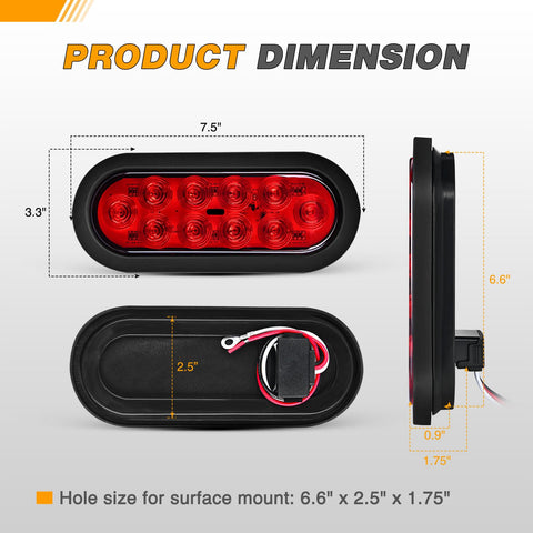 Dimensions of 6 Inch Oval Trailer Tail Light 2 Pack With 10 LED Red Stop Brake Turn Signals Surface Mount Grommets And Plugs