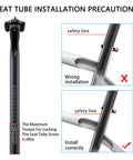 Ultra Lite Carbon Fiber Bike Seat Post 27.2/31.6mm Offset installation guide with safety line instructions, black matte finish.