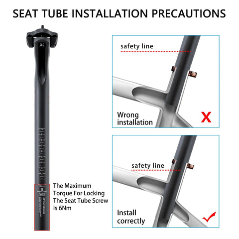 Ultra Lite Carbon Fiber Bike Seat Post 27.2/31.6mm Offset installation guide with safety line instructions, black matte finish.