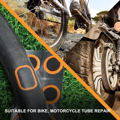 96 Round Inner Tube Patches 25mm Repair Kit For Bicycle Road Bike MTB BMX Scooter And Inflatable Tires Compatible With Rubber Cement Quick Patch Puncture Fix For High Pressure Tubes Sweet Deal, tube patches beside bike and motorcycle tires on grass.