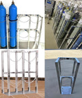 Heavy Duty 304 Stainless Steel Gas Cylinder Rack For 8-10 L Tanks in workshop and outdoor setups, with chains and durable build.