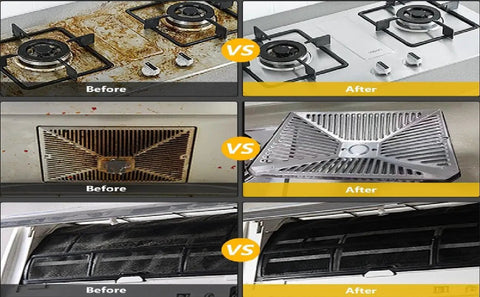 Before and after comparison of surfaces cleaned using Handheld Steam Cleaner With 2500W High Pressure for kitchens and grills.