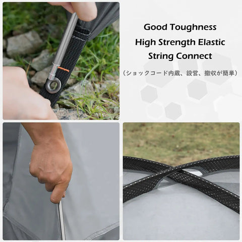 Heavy Duty Aluminum Tent Poles Replacement Set For Go To Camping Quick Repair Pre Assembled Rods 2 Pieces 16.3 Feet Aircraft Grade 7001 Alloy With Elastic Shock Cord Rock Solid Lightweight Portable featuring close-up of elastic connection and hand fixing tent