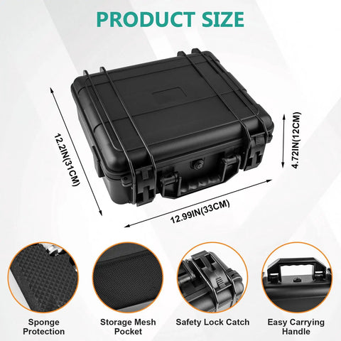 Carrying case for All In One Hydraulic Pressure Test Kit with secure lock and dimensions 12.99in x 12.2in x 4.72in