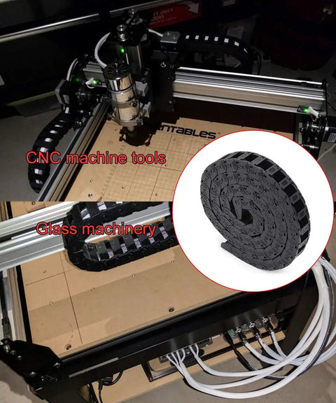 Drag Chain Cable Carrier 10x15mm Open Type For 3D Printer And CNC Router, shown on CNC machine with wire management.