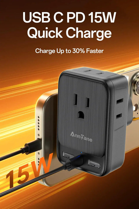 Black UK Travel Power Adapter Type G with 4 outlets and 3 USB ports USB C 7 in 1 International Travel Plug Converter charging a device