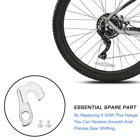 Derailleur Hanger Replacement For Trek Specialized Giant Cannondale Bianchi Fuji Diamondback Raleigh Kona Marin And More For Mountain Bikes And Road Bicycles To Restore Precise Shifting And Smooth Performance, shown with bike wheel and hanger kit.