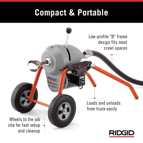 Badass B Frame Sectional Sewer Drain Cleaning Machine With Heavy Duty Cable Carrier and Rear Guide Hose for Hassle Free Cable Changes.