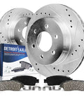 Front Brake Kit For 6 Lug GM Trucks And SUVs With Drilled And Slotted Rotors And Ceramic Pads Fits Chevy GMC K1500 Suburban K2500 Tahoe Yukon Escalade Blazer displayed with components and packaging.