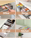 Premium Under Desk Drawer Storage Set With Three Attachable Slide Out Trays For Office And Home, clear organizer with various items.