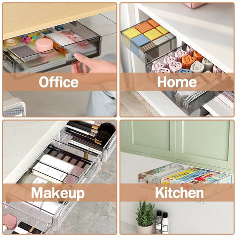 Premium Under Desk Drawer Storage Set With Three Attachable Slide Out Trays For Office And Home, clear organizer with various items.