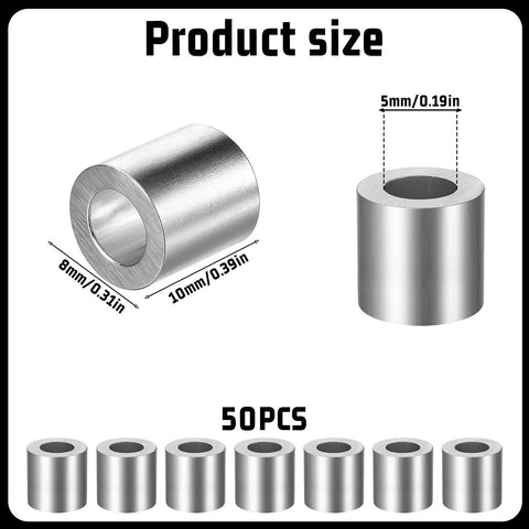 Product size image of 50 Pack Top Shelf Aluminum Wire Rope Sleeves 3/16 Inch Crimping Cable Ferrules, showing dimensions.