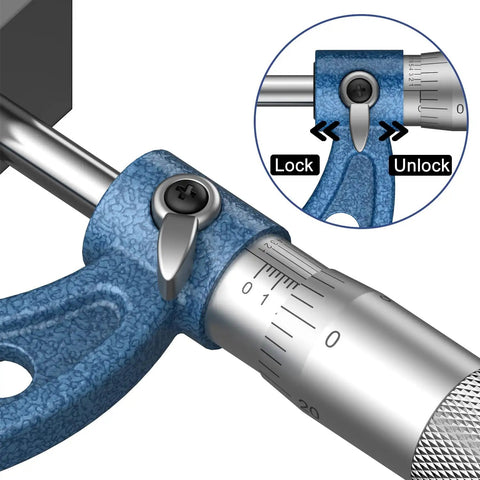 Close-up of lock feature on Pro Grade Measuring Kit With Vernier Caliper 0 To 6 Inches 0.001 Inch Precision External Micrometer.