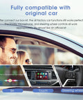 Display of Toyota Wireless CarPlay Retrofit Kit for 2014-2019 models showing Siri, touch screen, and steering wheel control features.