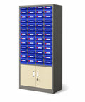 Heavy Duty Tool Storage Cabinet With Parts Drawers And Locking Double Door Lower Cabinet For Workshop Organization Durable Steel Construction Quick Access Parts Storage And Secure Tool Keeping, tall steel cabinet with blue parts bins