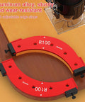 Heavy Duty Aluminum Router Corner Radius Template And Routing Jig Set With Five Precision Guides For Flawless Outer Inner Wood Corners On Tables Or Handheld Routers Every Damn Time, showing R100 radius plate and adjustable edge stops.