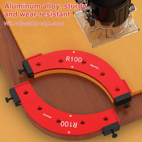 Heavy Duty Aluminum Router Corner Radius Template And Routing Jig Set With Five Precision Guides For Flawless Outer Inner Wood Corners On Tables Or Handheld Routers Every Damn Time, showing R100 radius plate and adjustable edge stops.