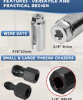 Close-up of Five Piece Oxygen Sensor Socket Set With Universal 6 Point 22mm Openings includes wire gate and thread chasers