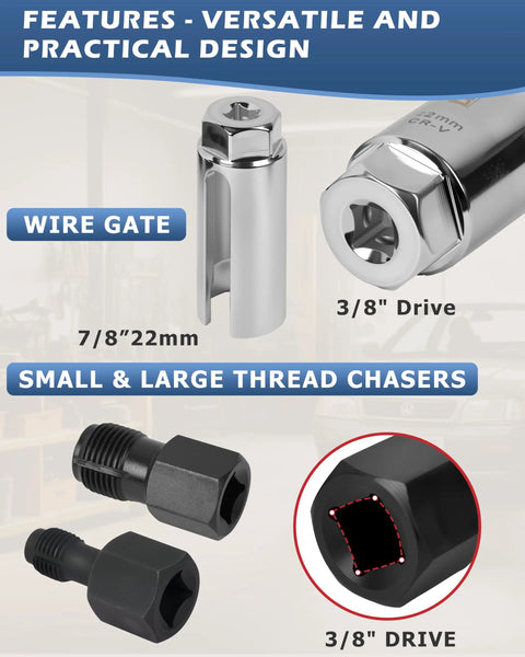 Close-up of Five Piece Oxygen Sensor Socket Set With Universal 6 Point 22mm Openings includes wire gate and thread chasers