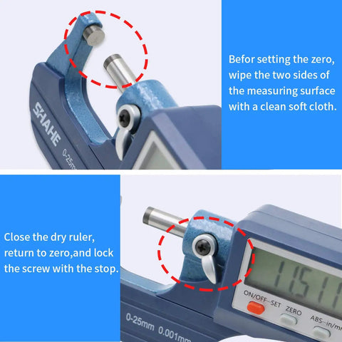 Digital Micrometer 0 To 25 mm And 0 To 1 Inch, Pro Grade Precision with LCD displaying measurements and instructions on cleaning.