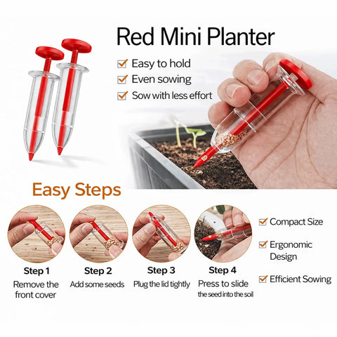 Red mini planter tool with easy grip design for even sowing, shown held by hand and in steps for seed planting