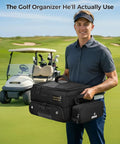 Man holding Premium Golf Trunk Organizer For Cars With Insulated Pouch And Dust Proof Layer Multi Compartment Design