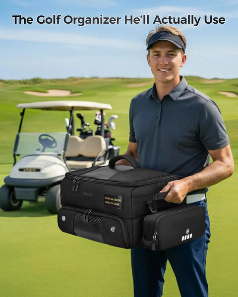 Man holding Premium Golf Trunk Organizer For Cars With Insulated Pouch And Dust Proof Layer Multi Compartment Design