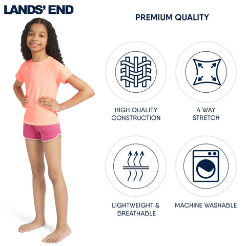 Girl wearing Girls Swim Rash Guard Shirt With UPF 50 Plus Short Sleeve Sun Tee Fiery Coral Perfect For Beach And Pool Play X Large