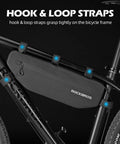 Waterproof Bike Frame Bag Under Top Tube Triangle Pouch, 3L Capacity, Rugged 840D Nylon with hook and loop straps on bike.