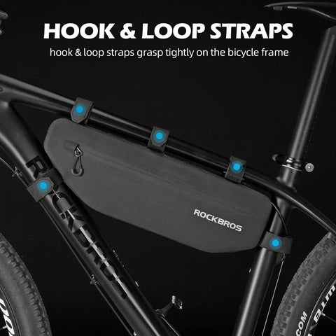 Waterproof Bike Frame Bag Under Top Tube Triangle Pouch, 3L Capacity, Rugged 840D Nylon with hook and loop straps on bike.