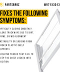 WR71X30139 Quick Space Shelf for GE fridge next to text listing symptoms it fixes, including sliding issues and sagging support.