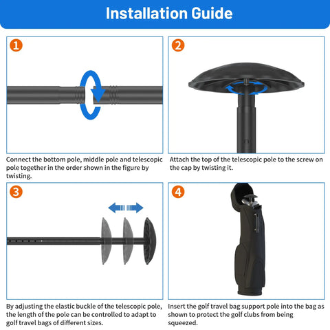 Installation guide for Heavy Duty Alloy Steel Golf Travel Bag Support Pole With ABS Cover For Golf Club Protection.