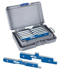 Precision Router Table Setup Bars Set Of Seven Gauge Measuring Sticks For Woodworkers in a gray case showing calibration bars.